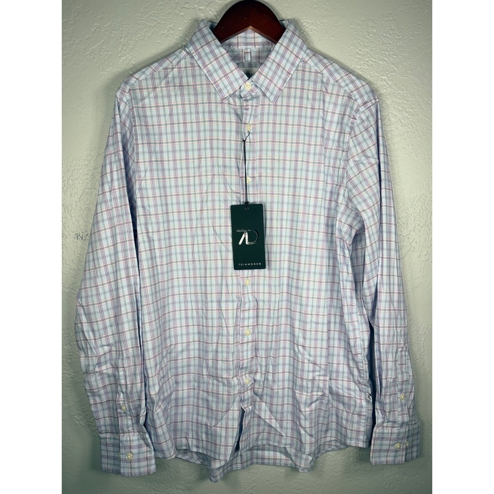 7Diamonds Legacy Dawson Mens Medium Blue Plaid Supima Cotton Button Down Shirt